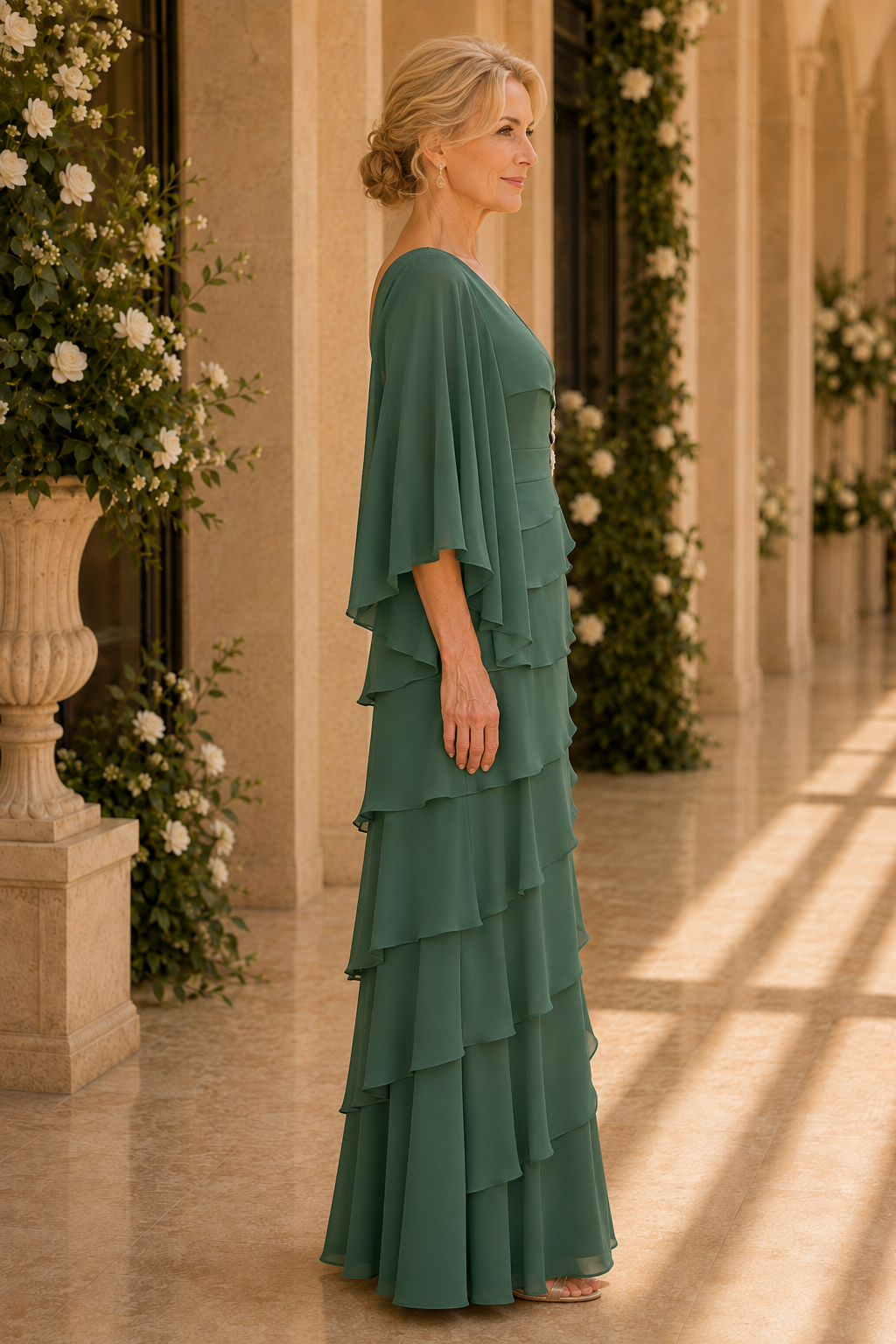 Maxivestido escalonado con mangas con volantes