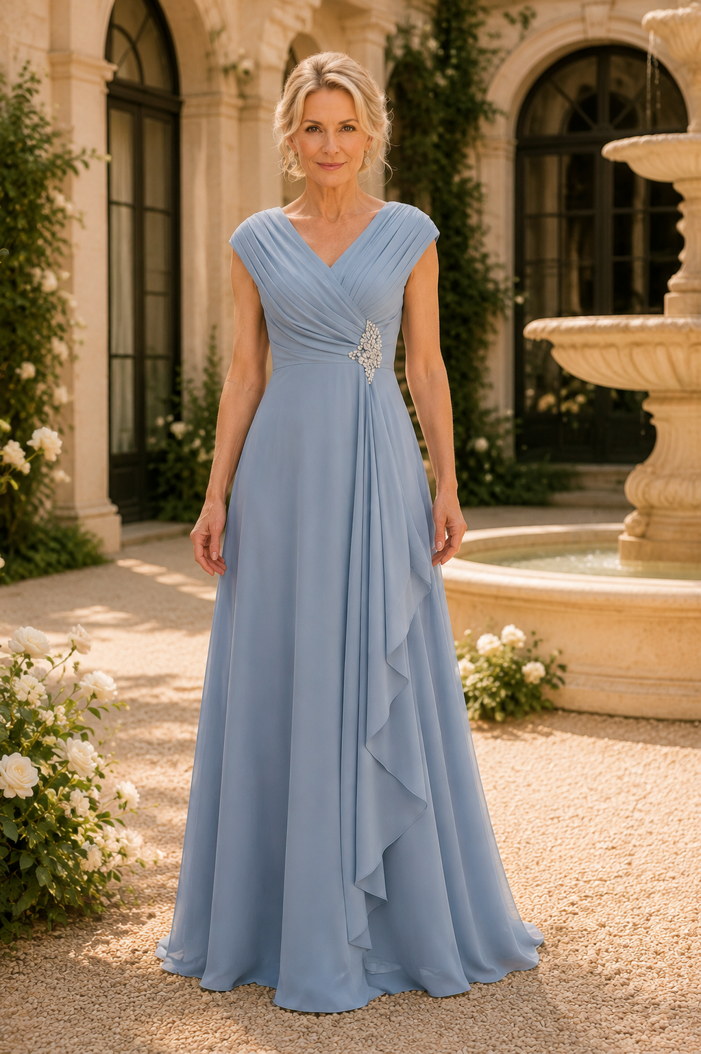 Vestido de noche plisado con cuello en V, corte A y broche de cristal