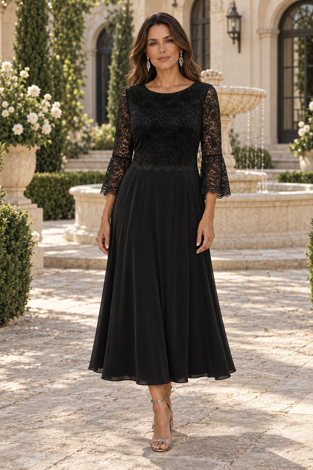 Vestido Midi Acampanado con Manga 3/4 y Corpiño de Encaje