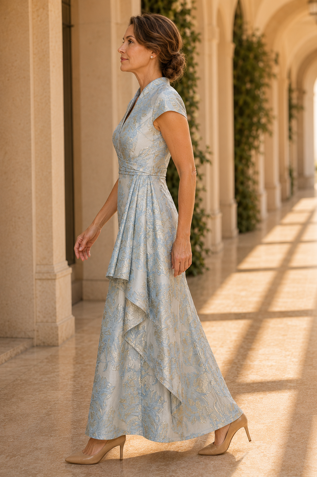 Vestido largo de jacquard con cuello de pico y volante en cascada lateral
