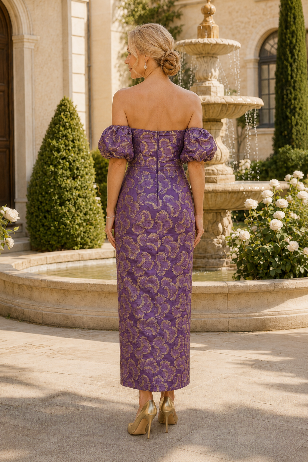 Vestido columna de jacquard con hombros descubiertos y mangas abullonadas