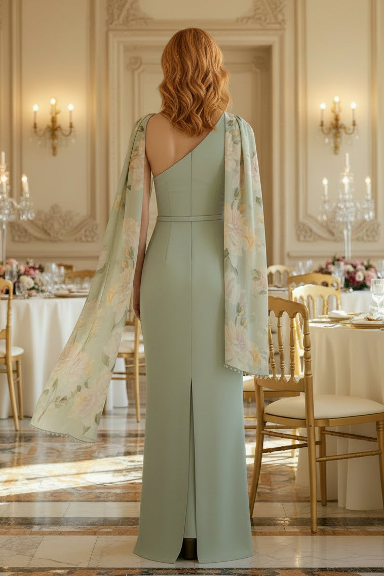 Vestido de noche estilo columna con capa floral de un solo hombro