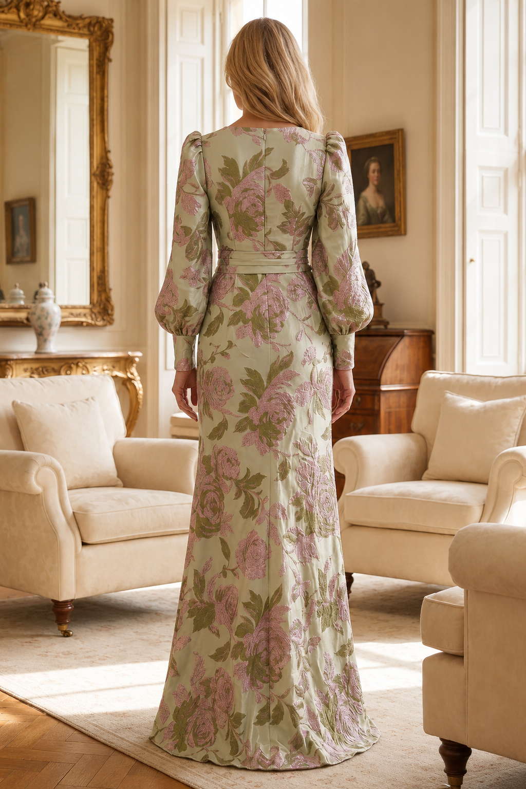 Vestido largo jacquard floral de manga larga con abertura alta