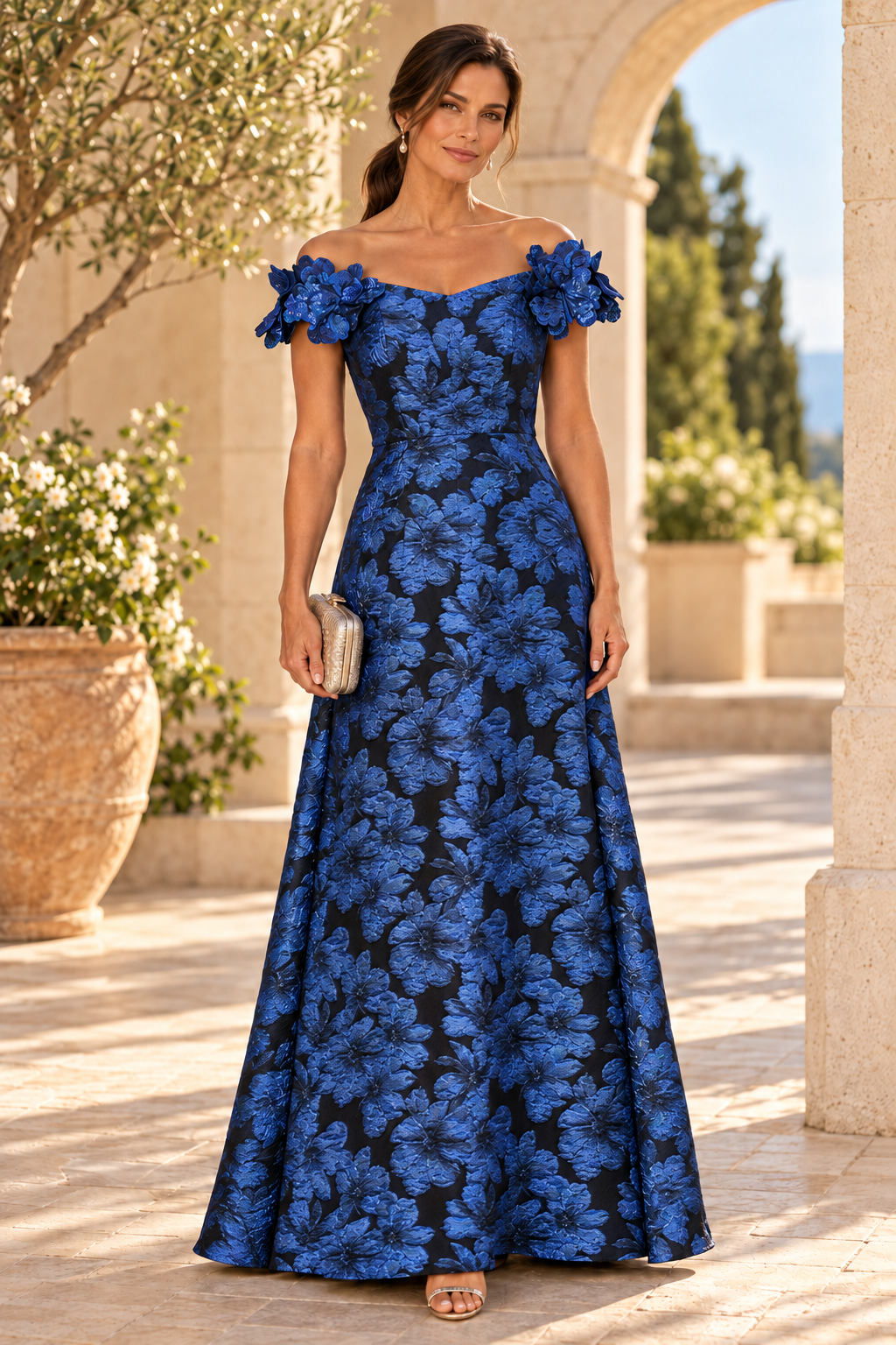Floral Jacquard Off-Shoulder Gown with 3D Flowers