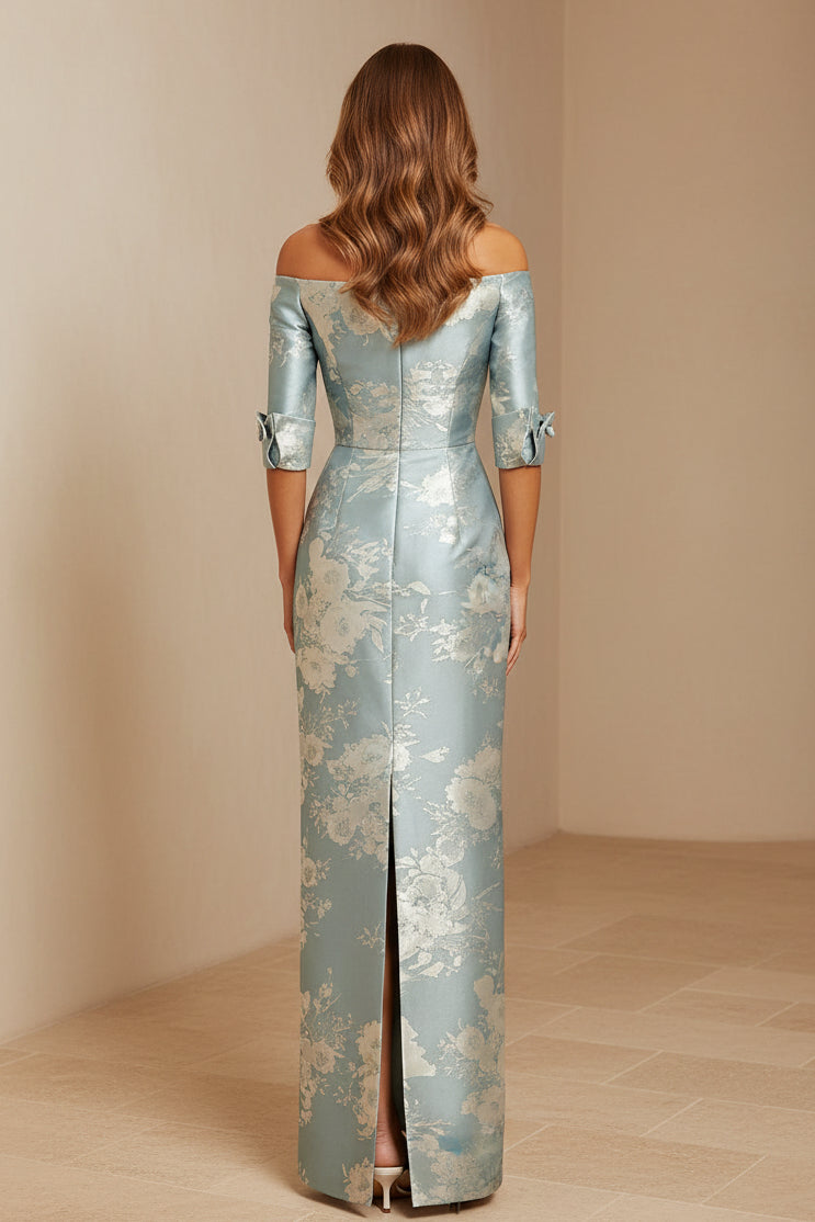 Vestido largo columna de jacquard floral metálico con hombros descubiertos