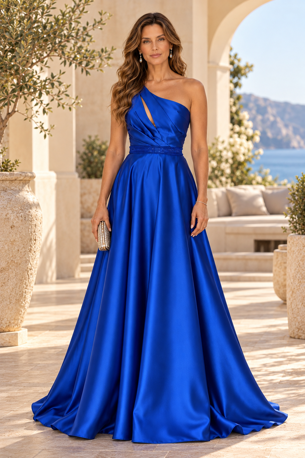 One-Shoulder Satin A-Line Gown with Cutout