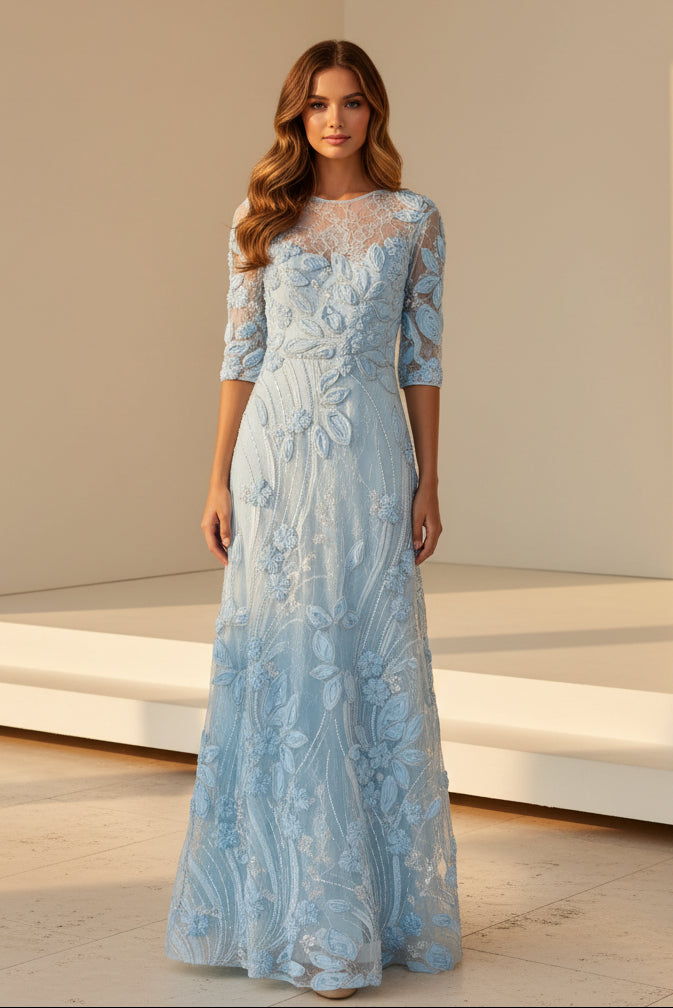 Vestido de Noche Acampanado con Mangas y Efecto Floral 3D