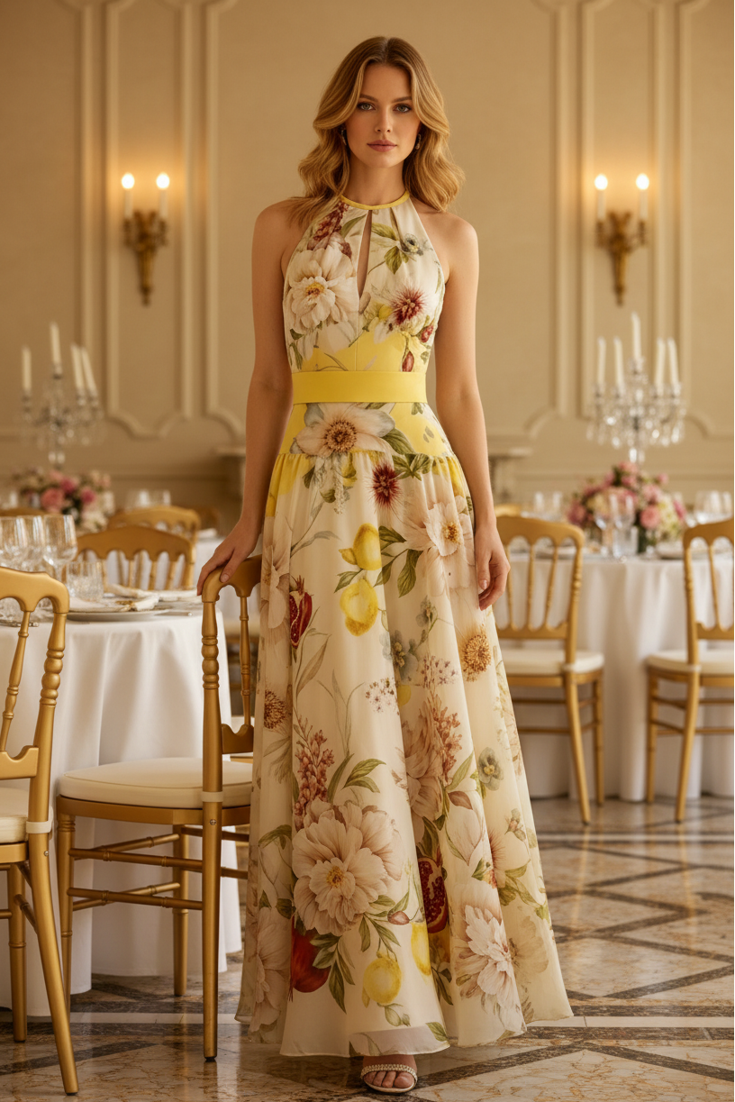Vestido largo floral con escote halter y abertura