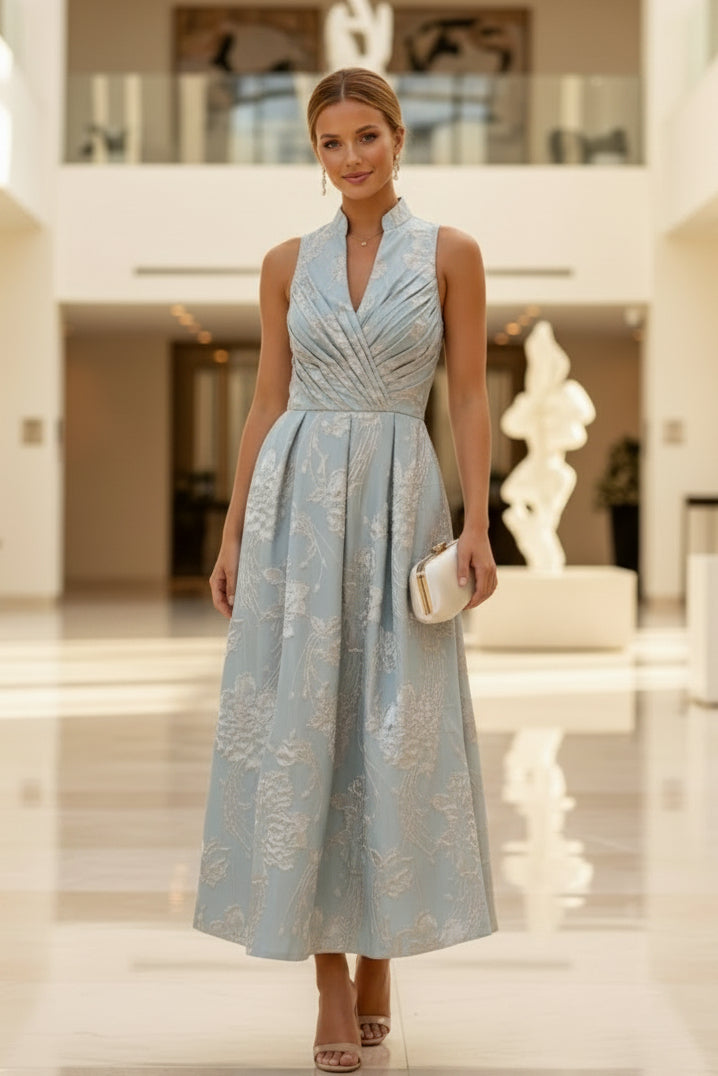 Vestido Midi Cruzado de Jacquard Floral con Bolsillos
