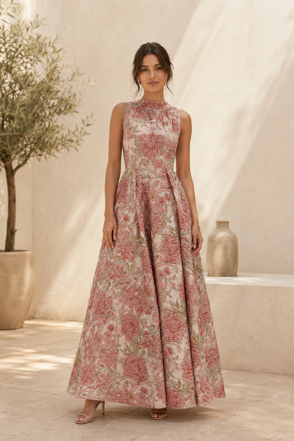 Vestido maxi de jacquard floral con cuello alto y silueta A