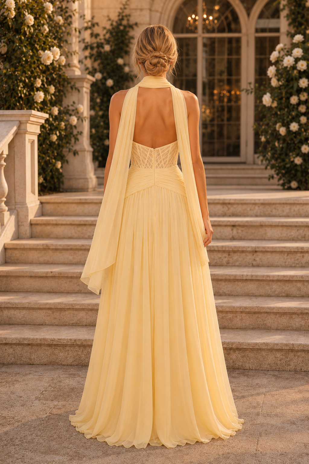 Vestido de gasa con corpiño sin tirantes y bufanda