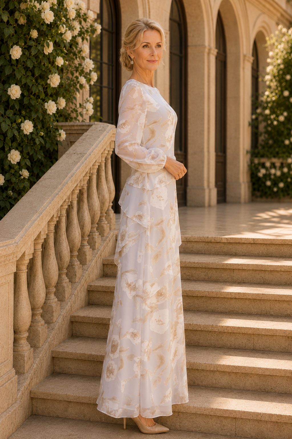 Vestido largo floral escalonado con mangas largas