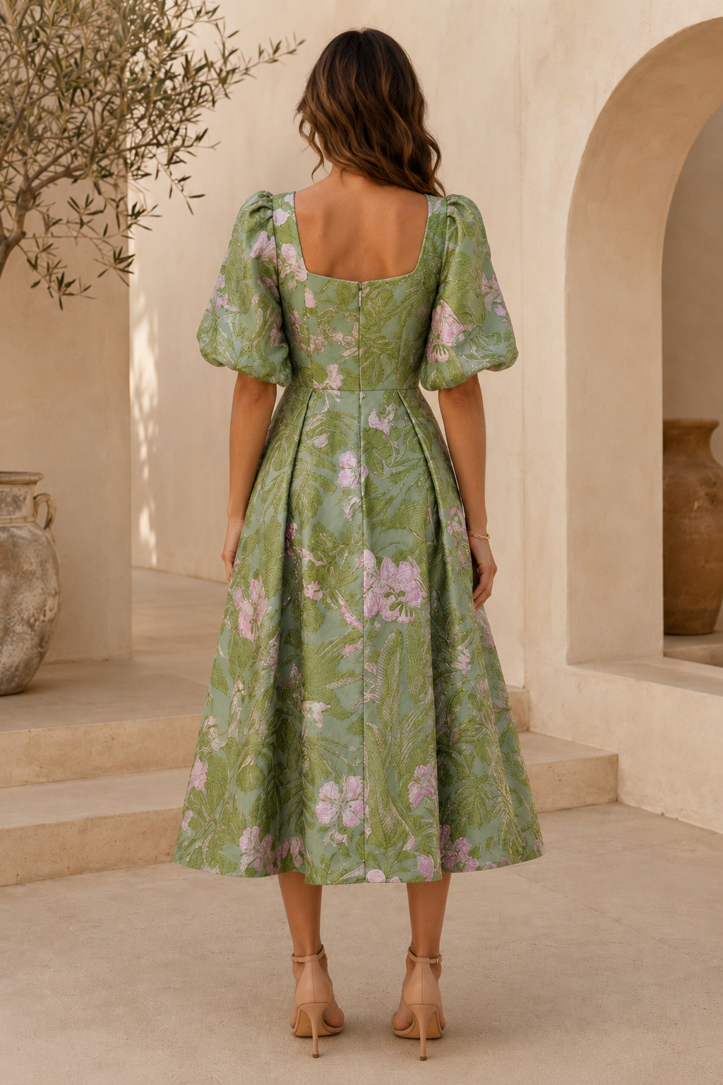 Vestido midi de jacquard floral con mangas abullonadas y bolsillos