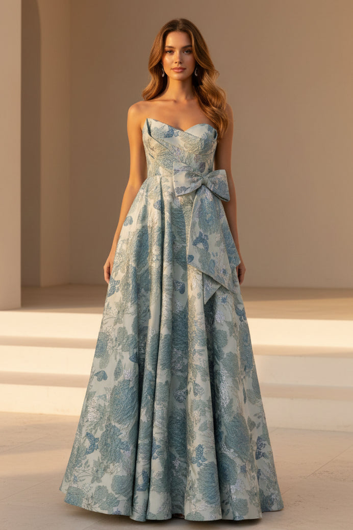 Vestido de jacquard con escote palabra de honor, silueta A y detalle de lazo