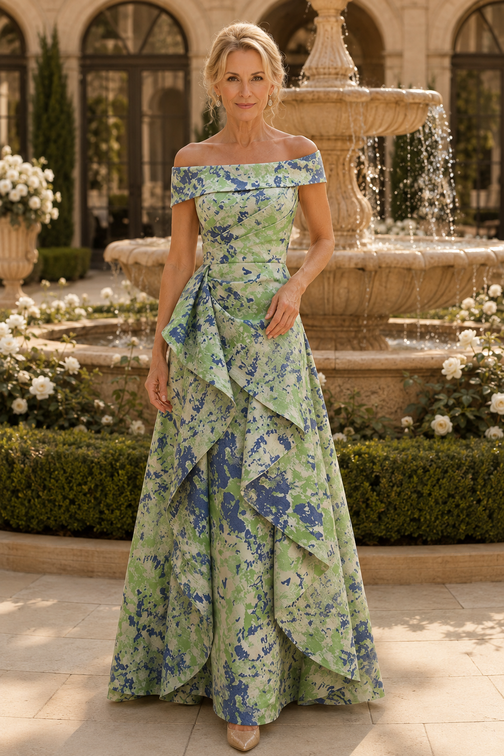 Vestido Largo A-Line con Pliegues por Niveles y Hombros Descubiertos