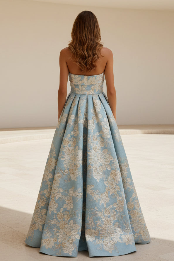 Vestido de noche de jacquard floral sin tirantes