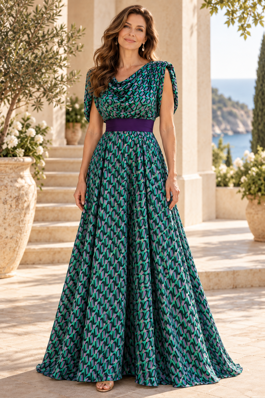 Cowl Neck Printed Maxi Dress with Contrast Waistband