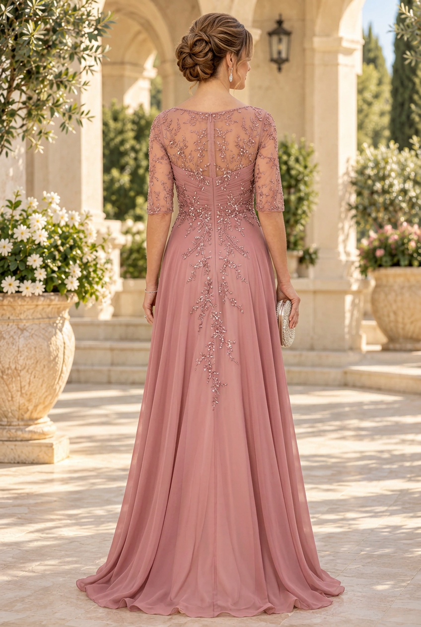 Ruched A-Line Gown with Floral Appliques