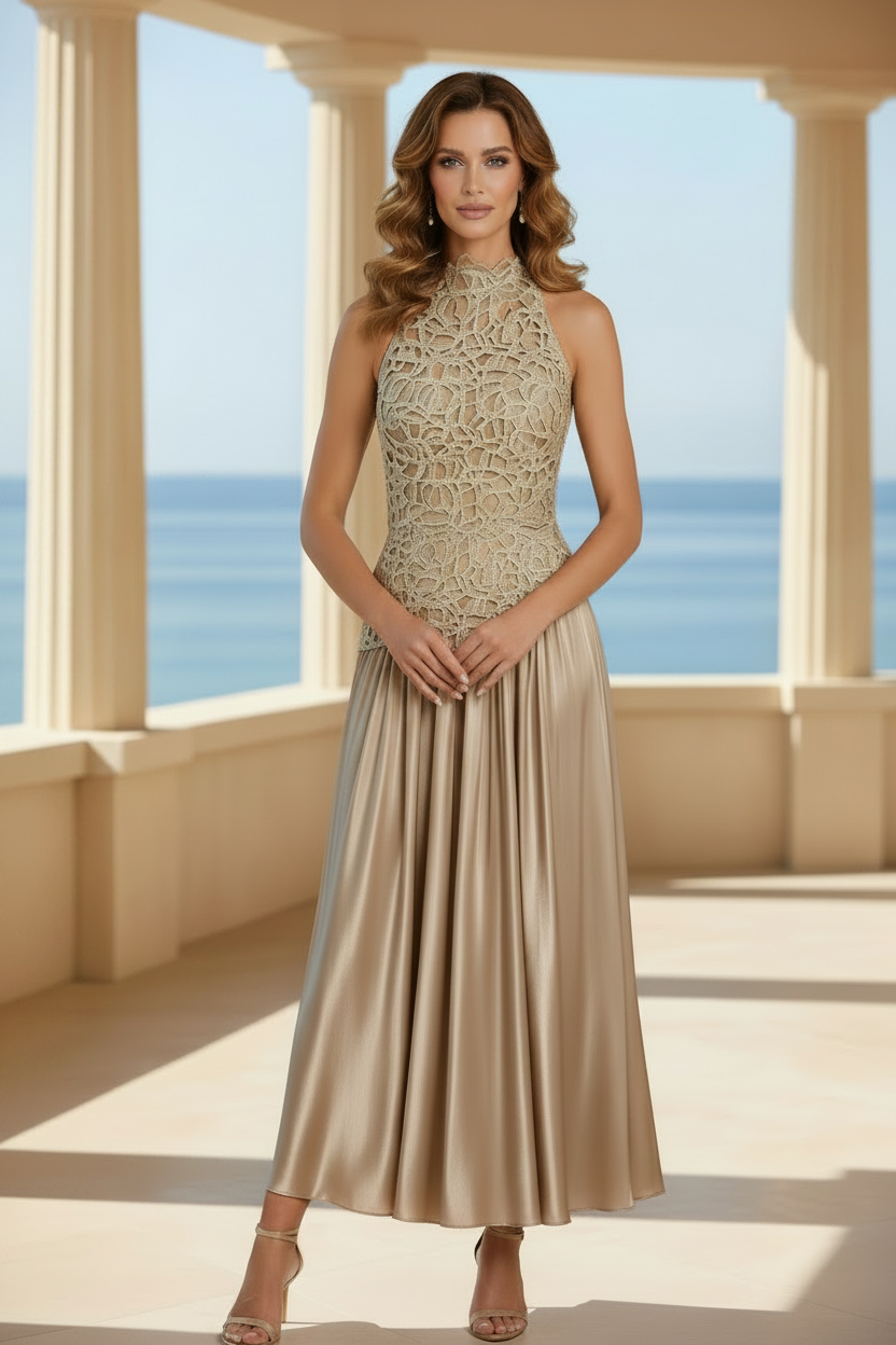 Elegante vestido midi con cuello halter de encaje y falda plisada de satén