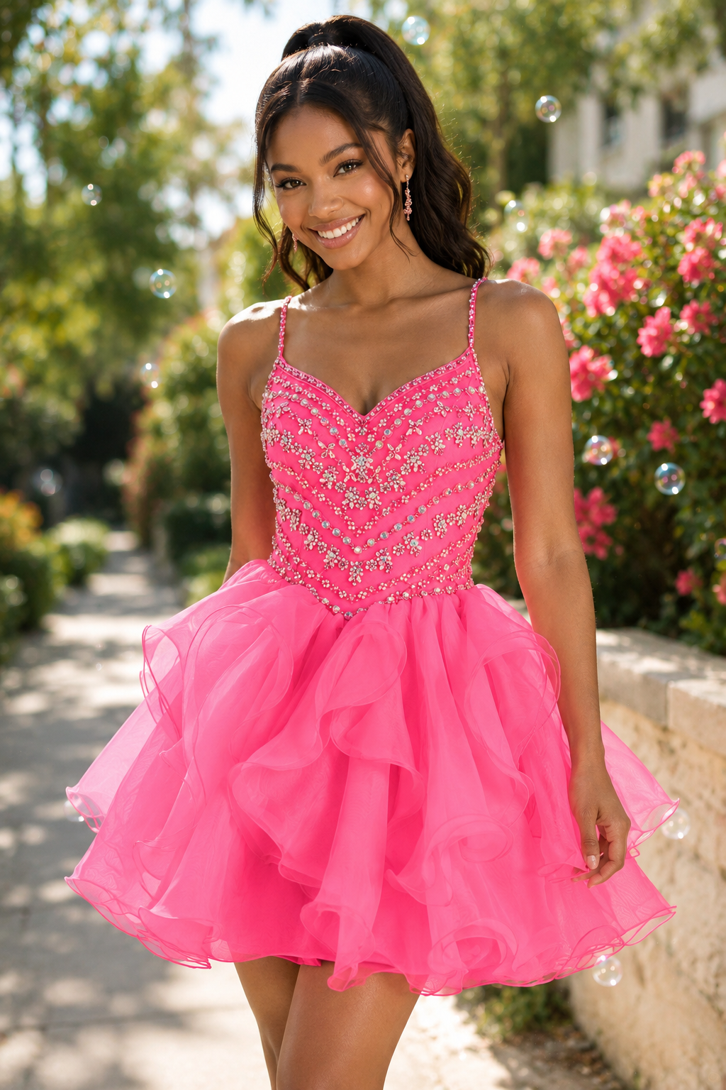 Minivestido de organza con volantes y corpiño de cuentas
