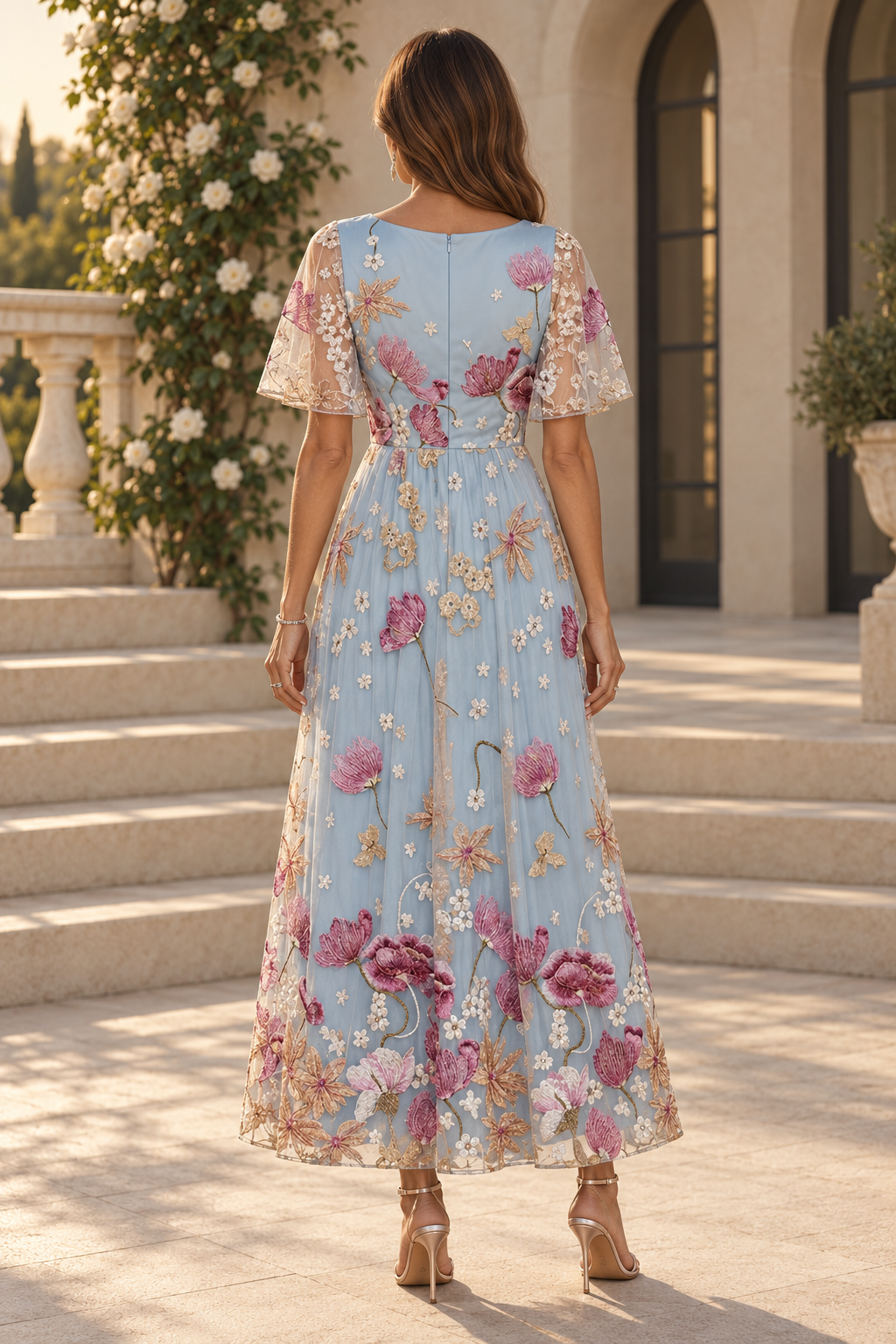 Vestido midi acampanado con mangas con volantes y bordado floral