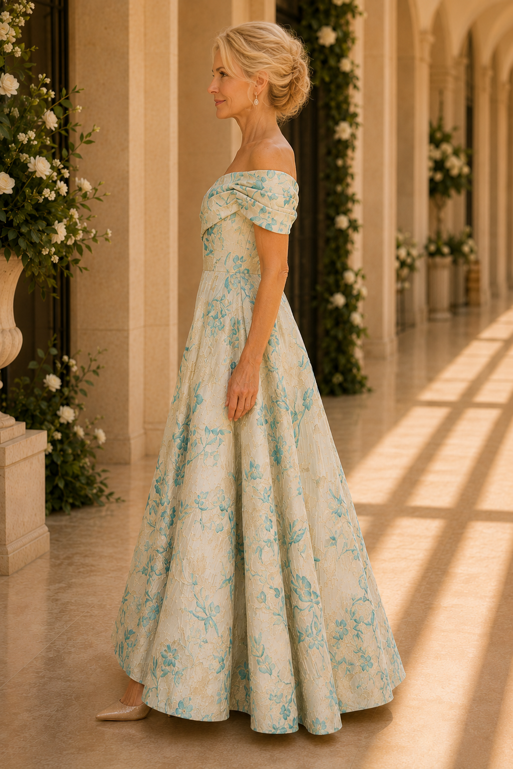 Vestido de gala línea A con escote al hombro y jacquard floral