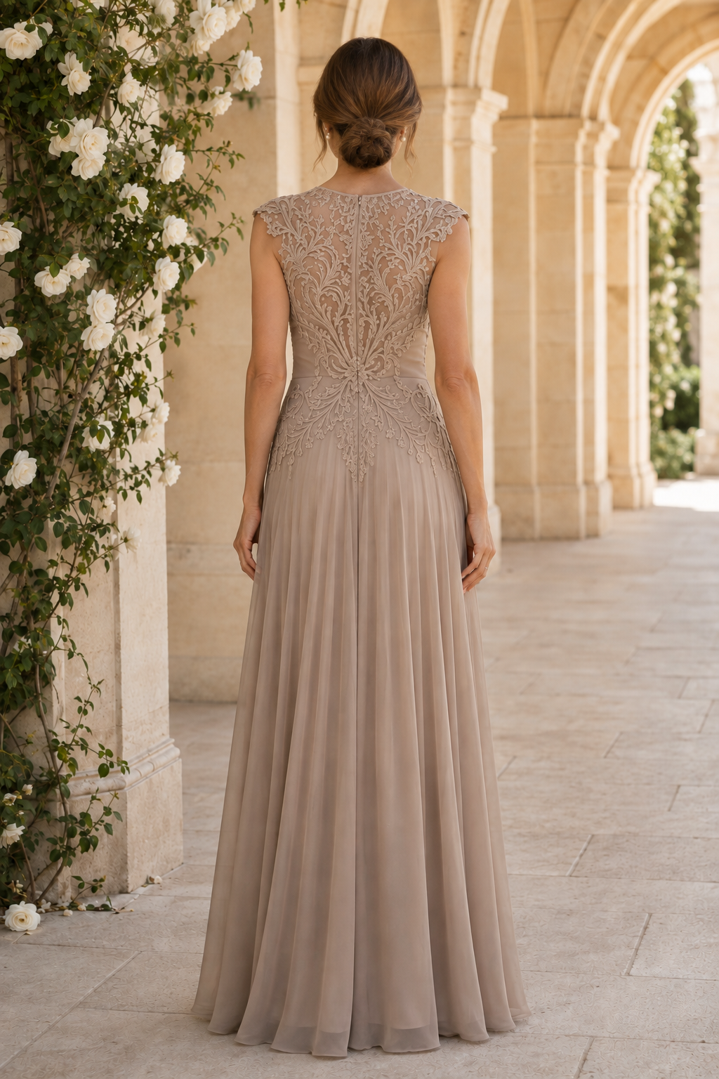 Vestido largo línea A con corpiño de encaje y escote ilusión