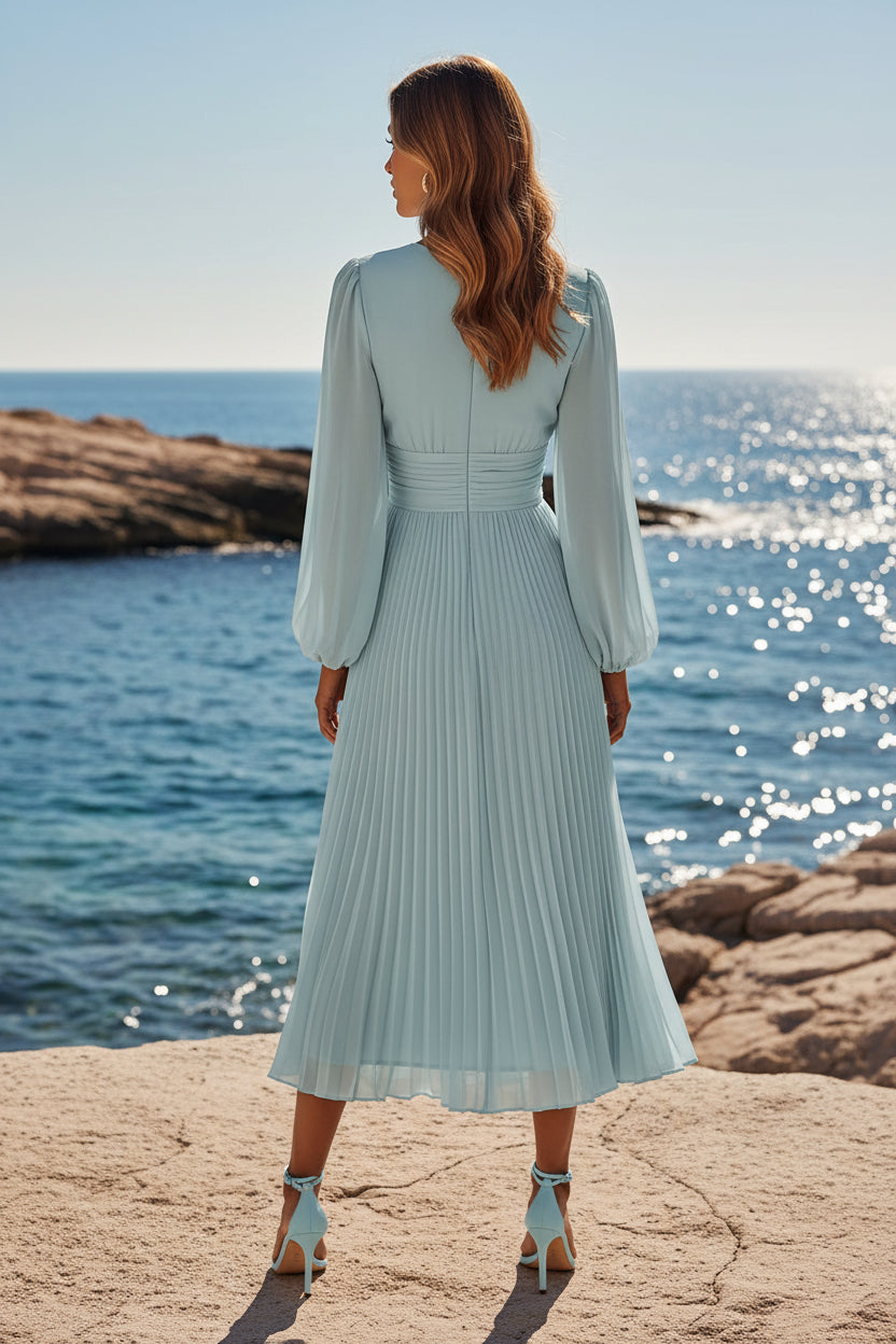 Vestido Midi Plisado con Escote en V y Mangas Largas