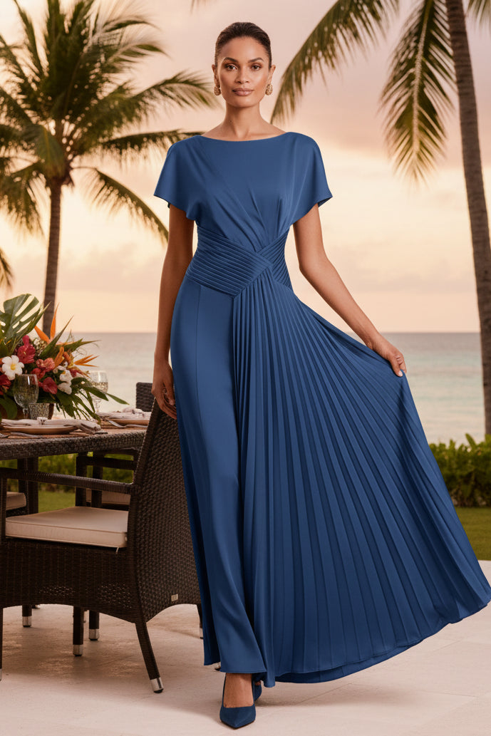 Vestido de noche formal con cuello barco y fruncido lateral