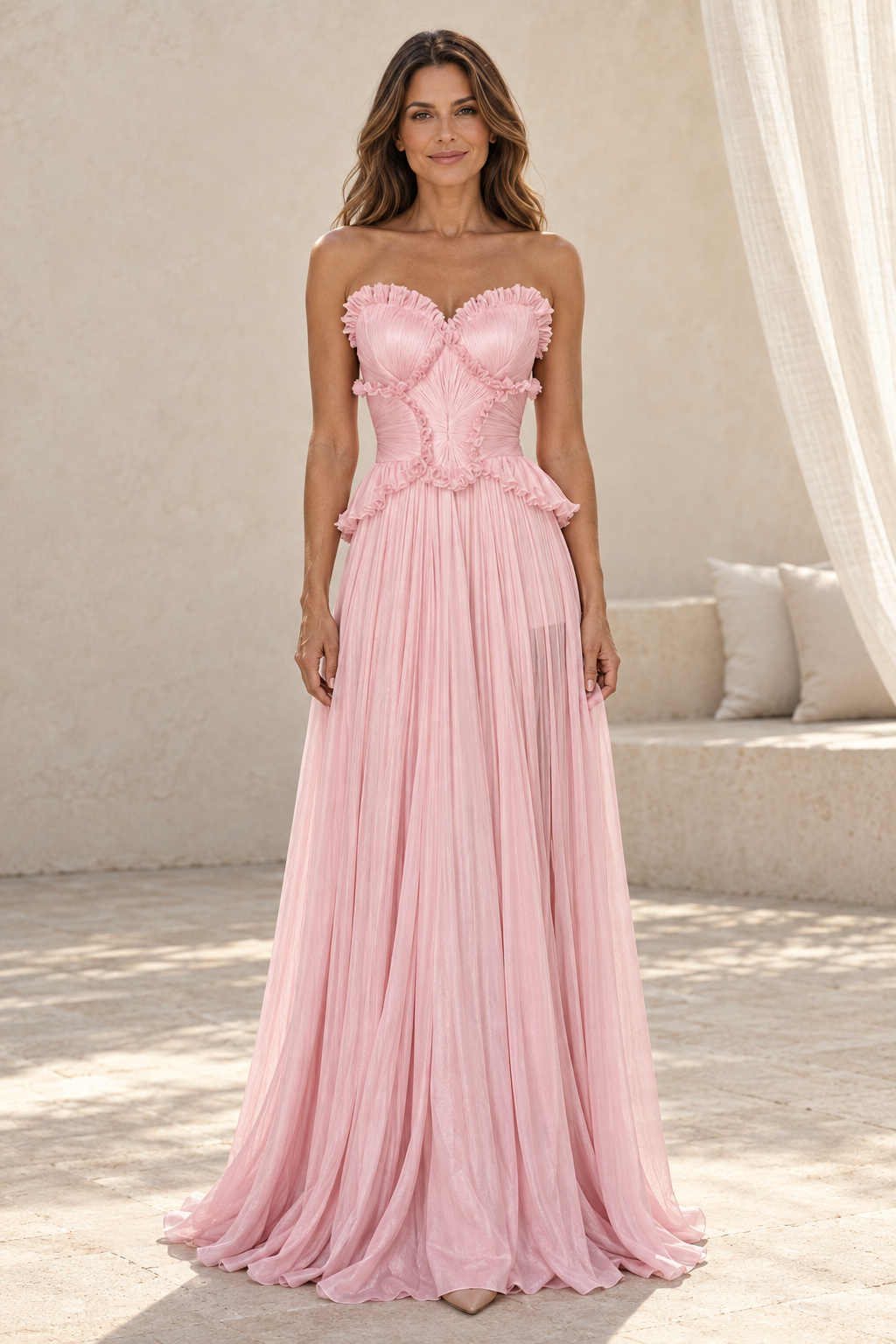 Strapless Pleated Corset Gown with Peplum Detail