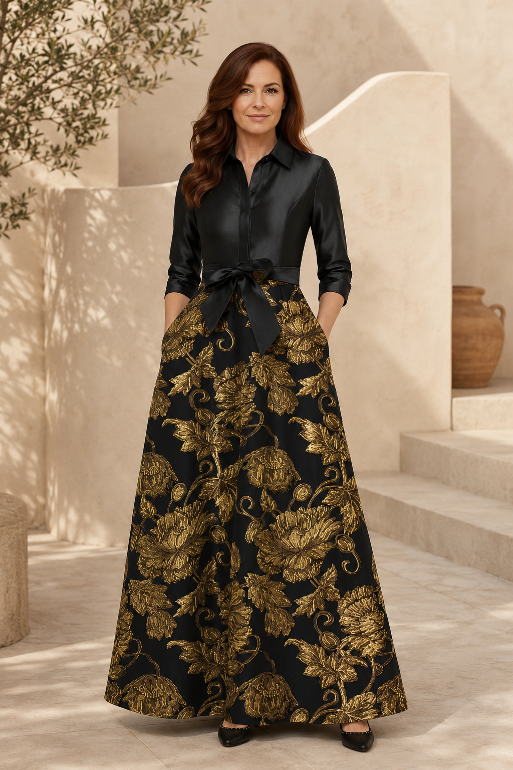 Vestido de gala con corpiño de satén y falda jacquard floral dorada