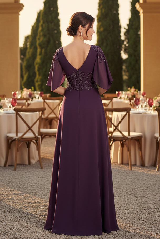 Vestido de noche de gasa con cuello en V y manga con volantes