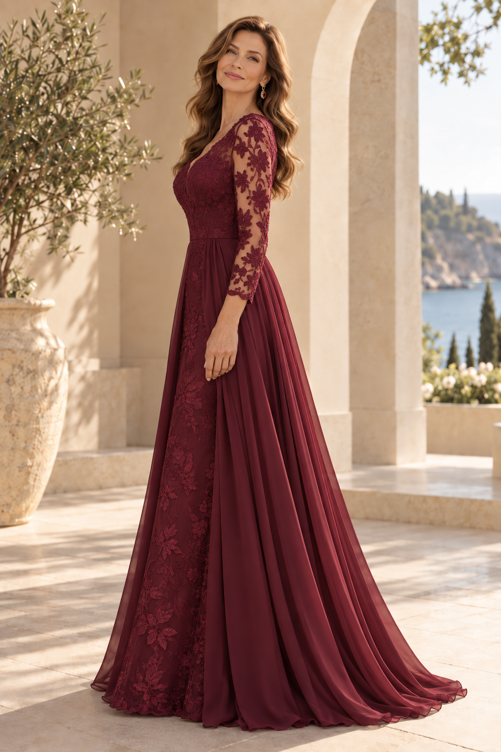 Lace Long Sleeve Evening Gown with Chiffon Overskirt