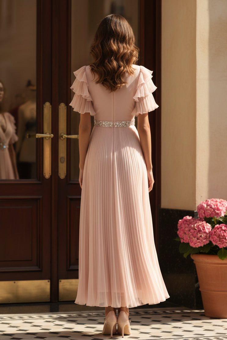 Vestido formal plisado de corte A con mangas con volantes