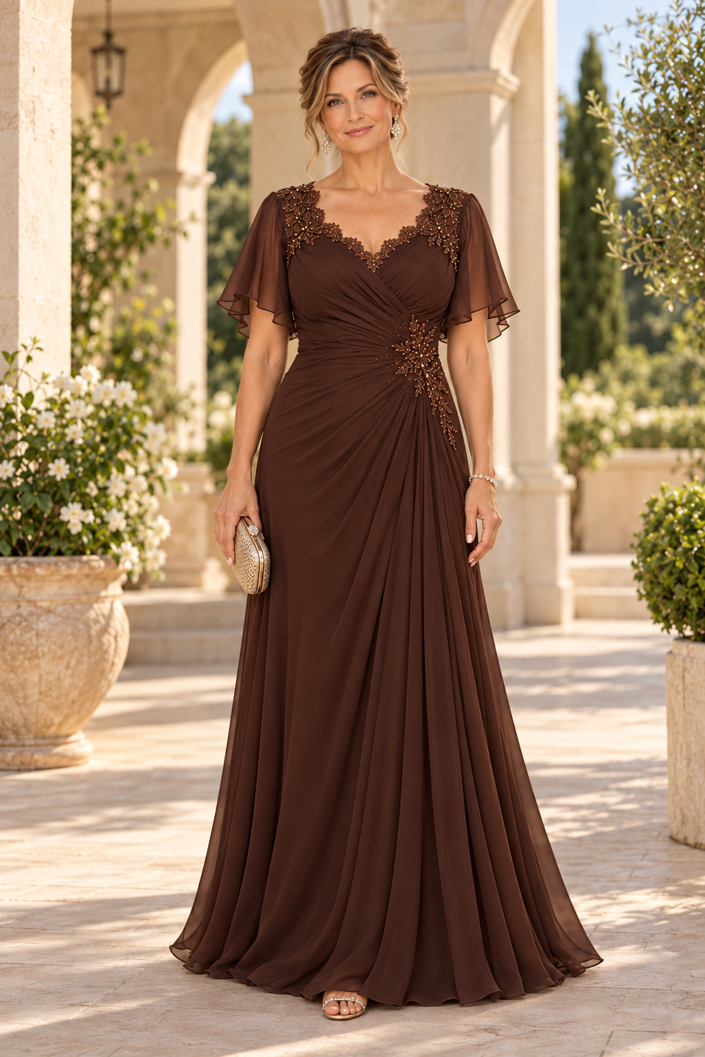 Ruched Chiffon A-Line Gown with Flutter Sleeves