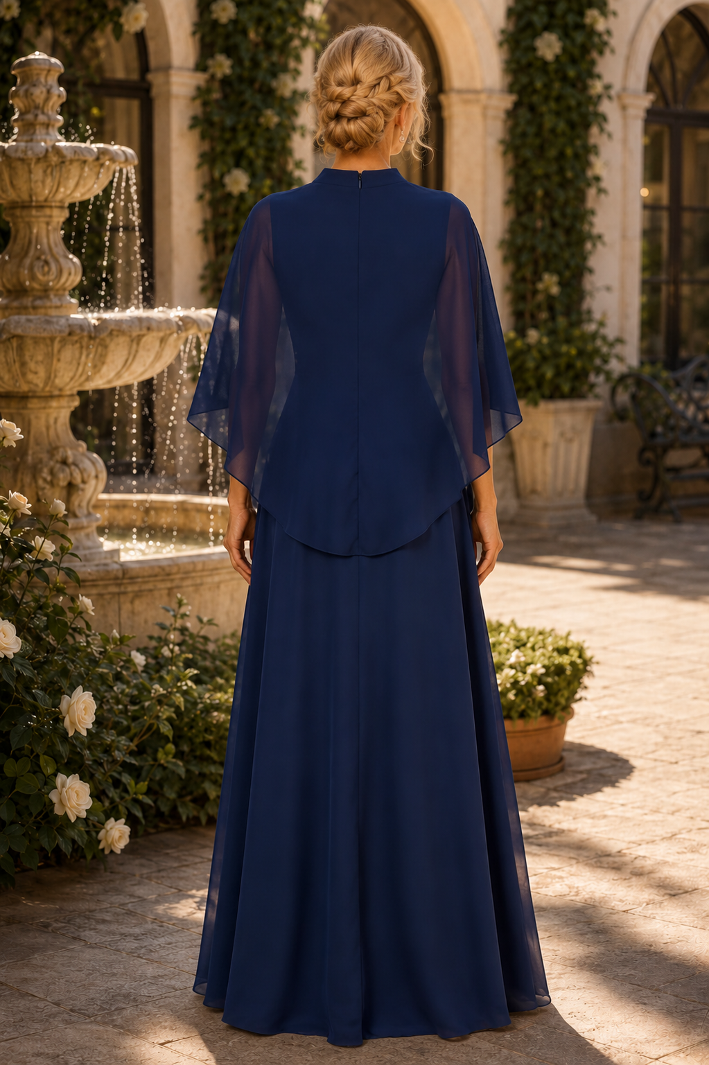 Vestido de noche con capa bordada floral y drapeado en cascada