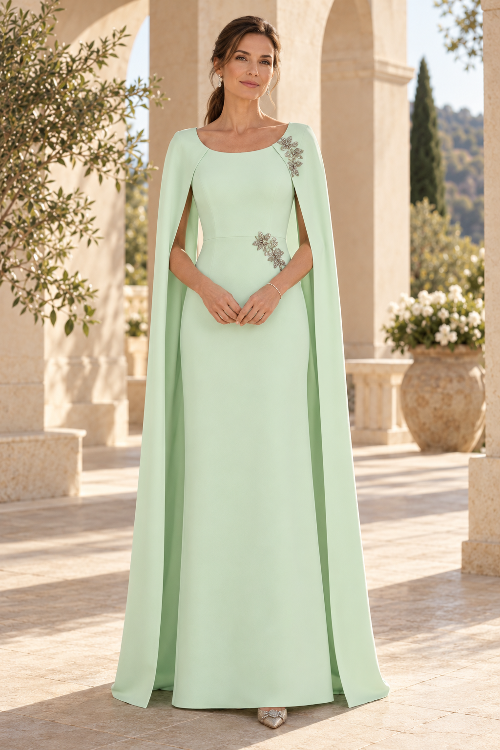 Floor-Length Cape Gown with Floral Appliques