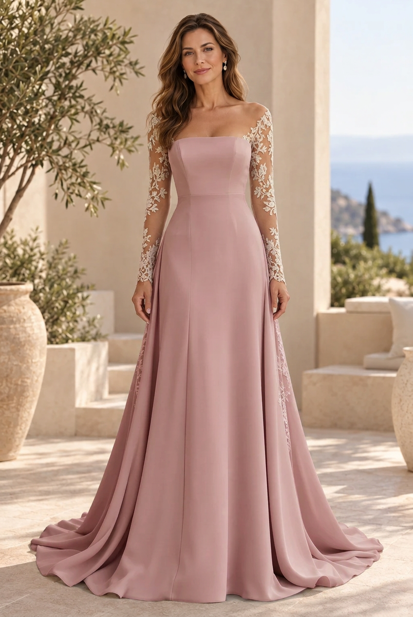 Illusion Long Sleeve A-Line Gown with Lace Insets