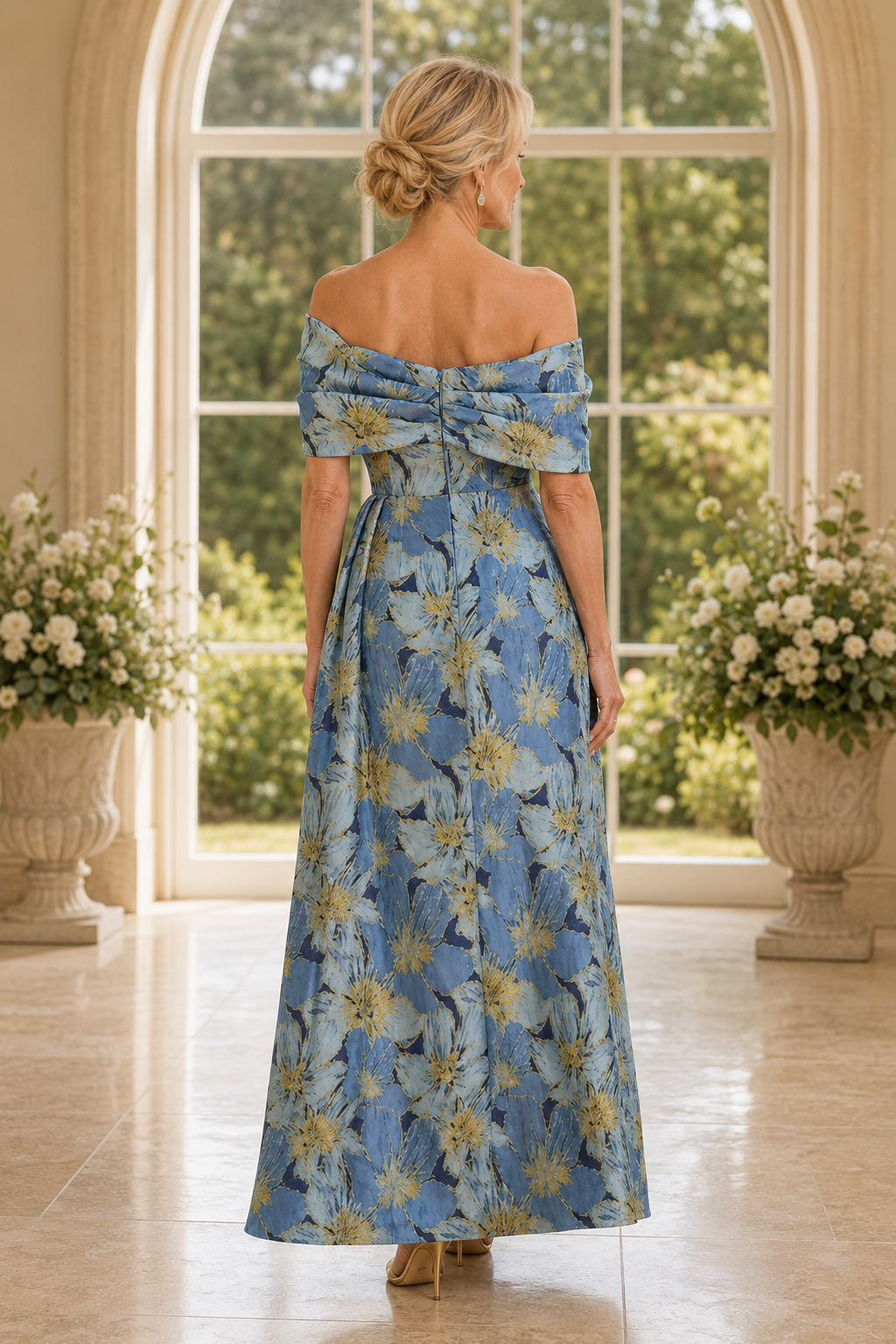 Vestido largo floral jacquard con hombros descubiertos y abertura