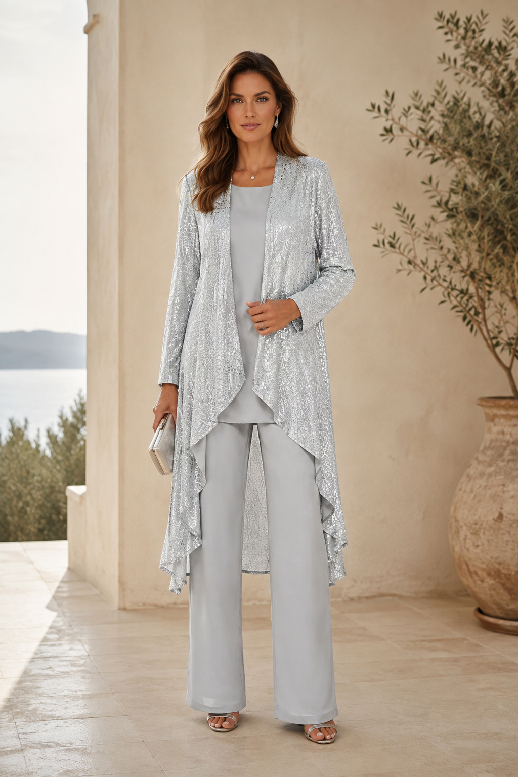 Pantalón con blusa y chaqueta larga de lentejuelas de tres piezas