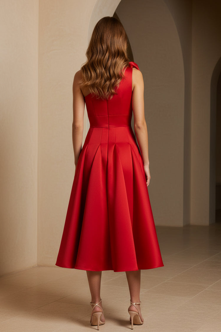 Vestido midi plisado con un solo hombro y flor 3D