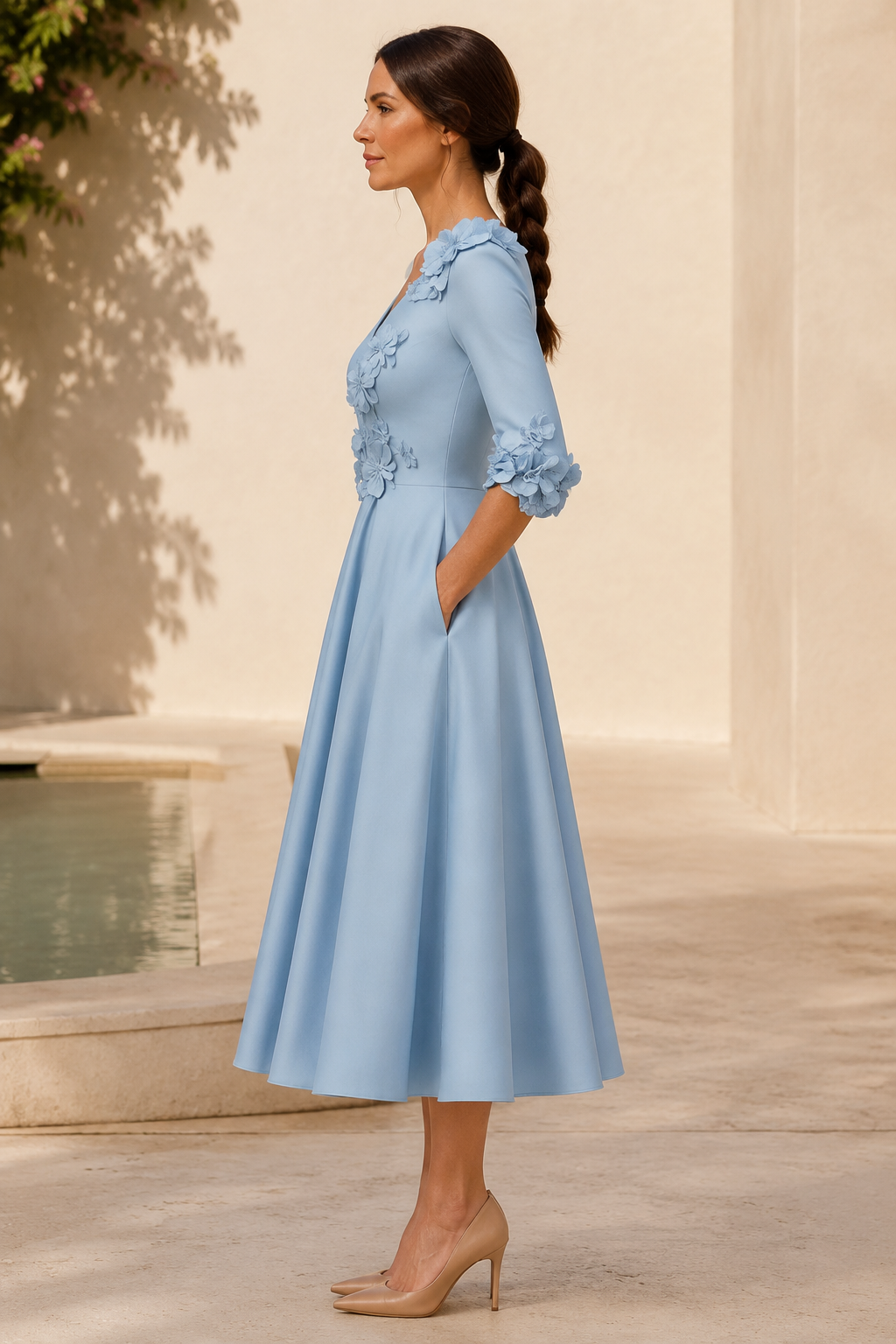 Vestido Midi con Apliques Florales 3D y Mangas 3/4