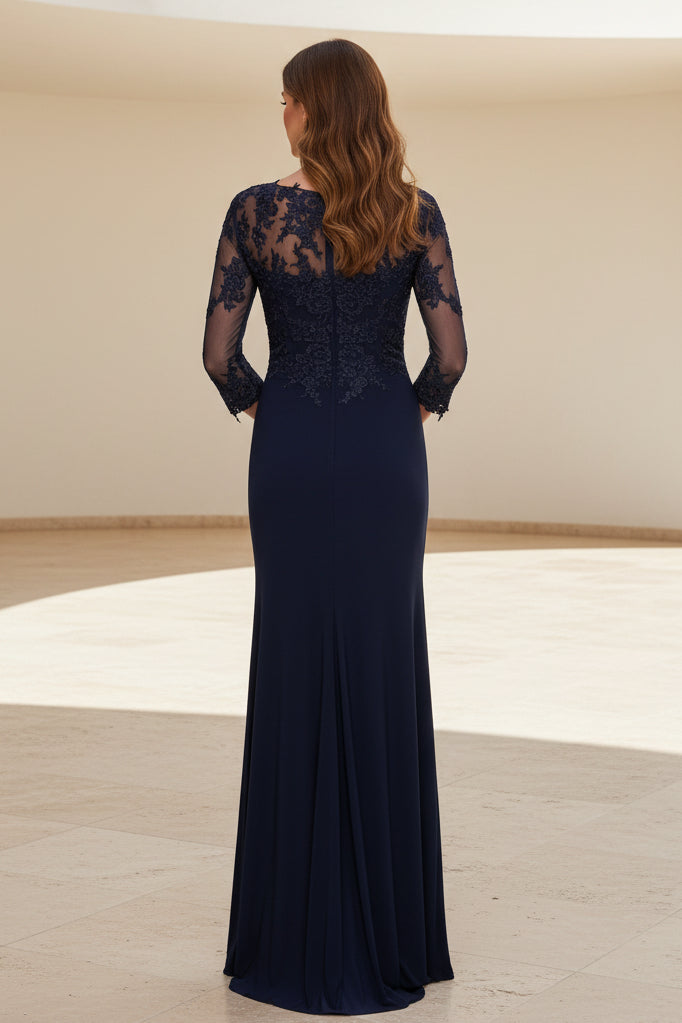 Vestido de Noche Fruncido con Mangas 3/4 y Efecto Ilusión de Encaje