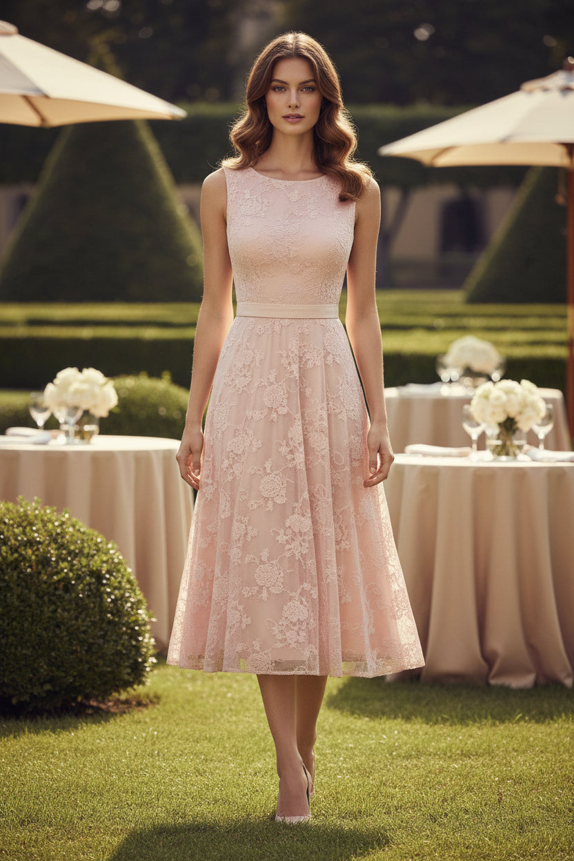 Vestido Midi Acampanado de Encaje Sin Mangas