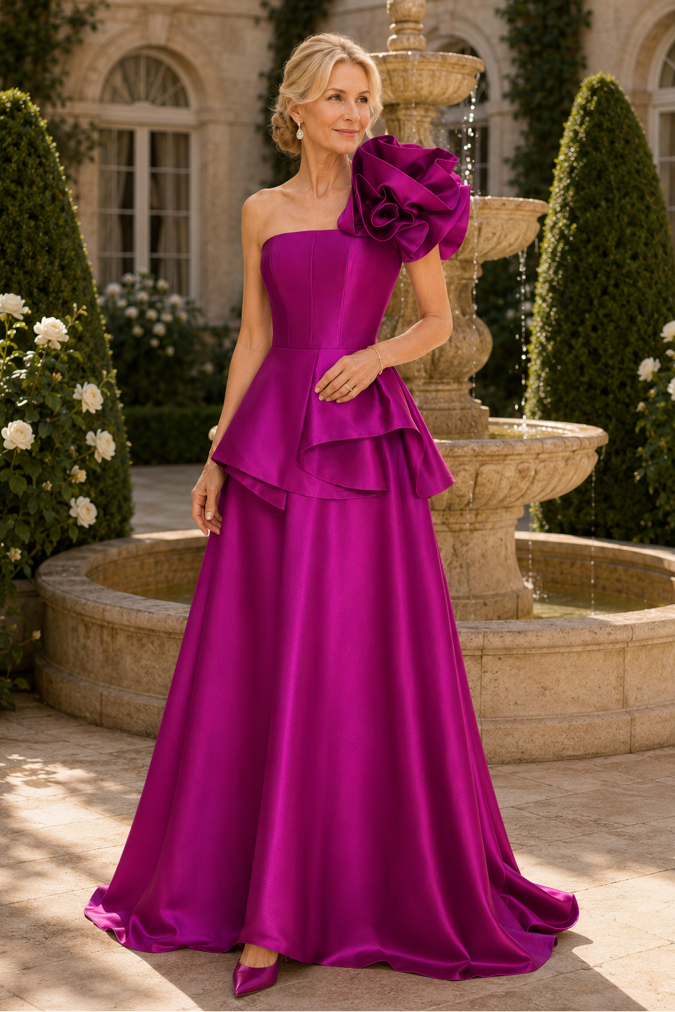 Vestido largo con peplum, diseño floral asimétrico y un solo hombro