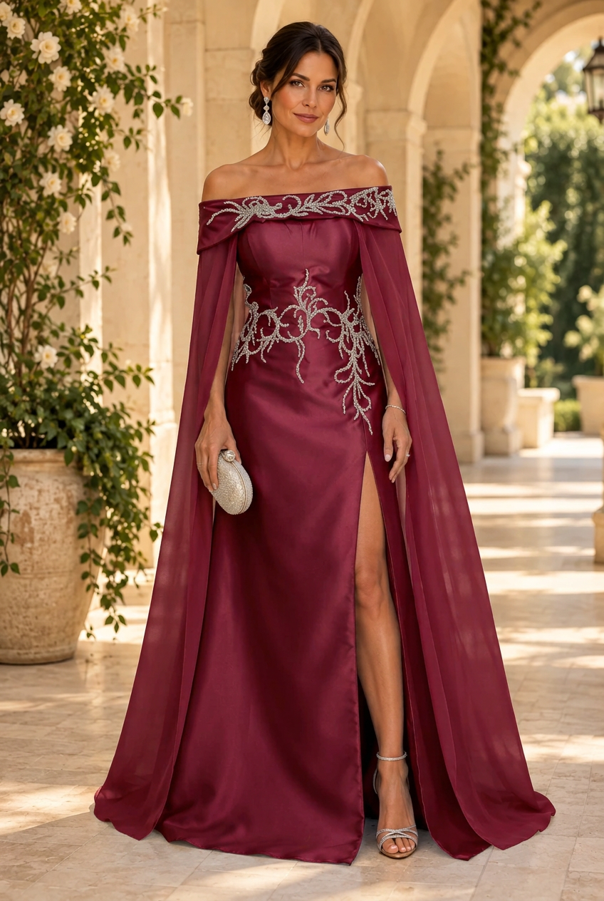 Off-the-Shoulder Cape Evening Gown with Slit