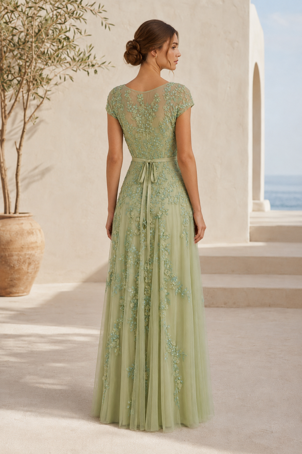 Vestido de Noche Acampanado de Tul con Ilusión de Encaje Floral