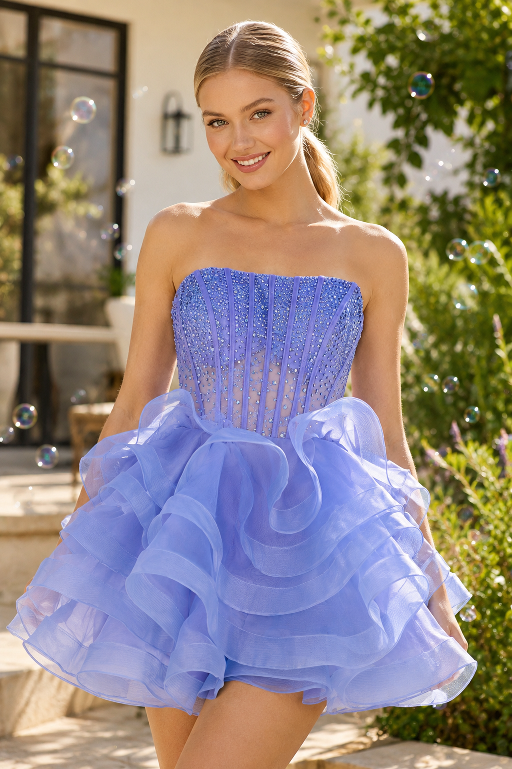 Minivestido Corsé de Organza con Volantes sin Tirantes