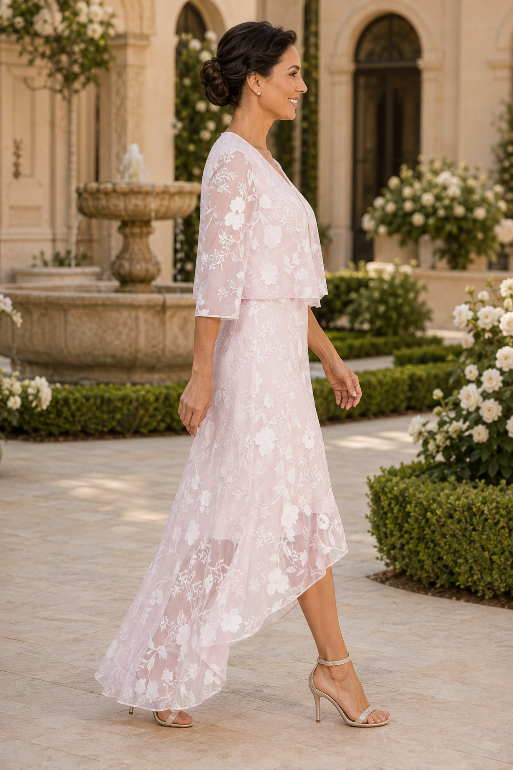 Vestido floral de encaje con bajo asimétrico y chaqueta de manga 3/4