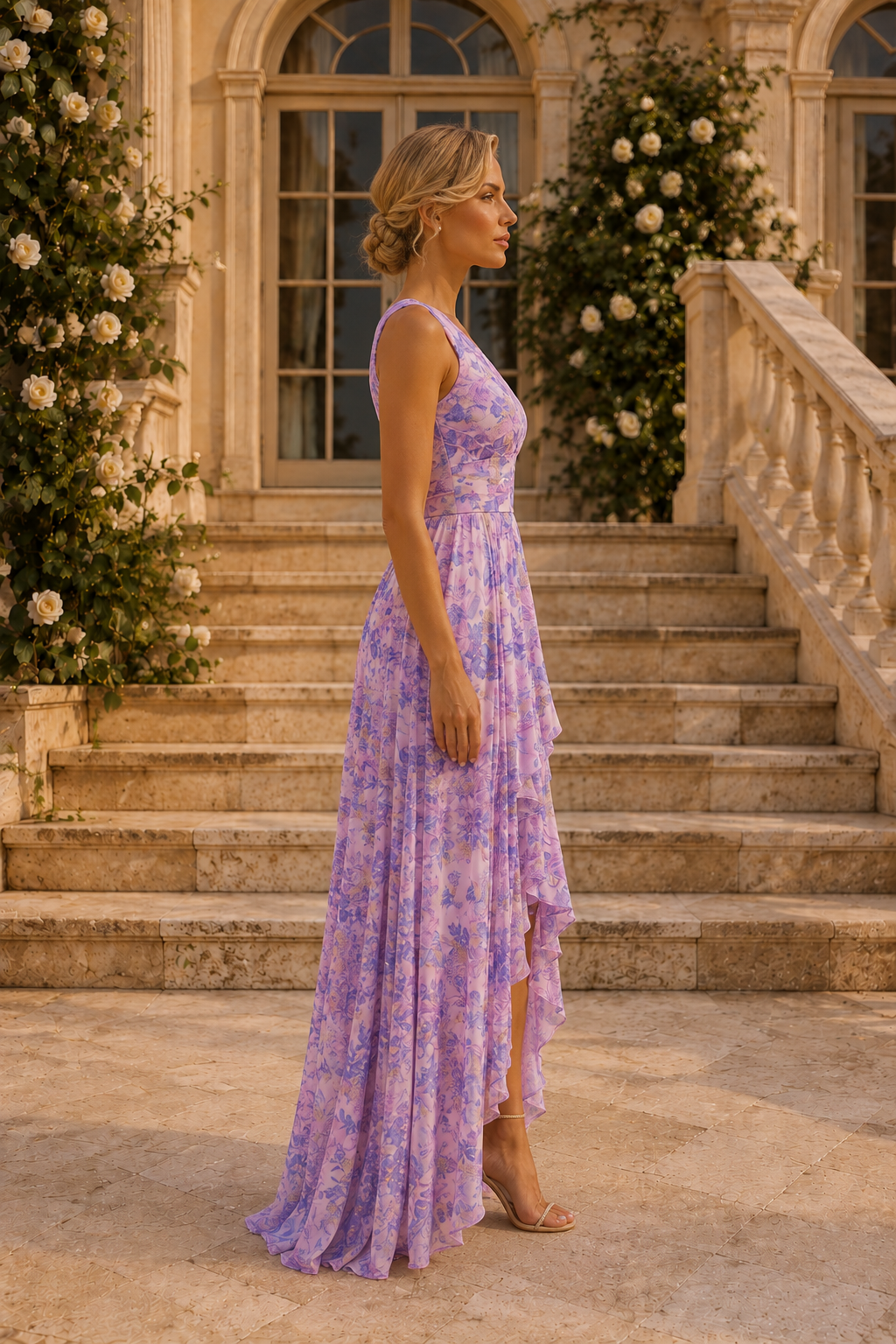 Vestido largo asimétrico floral de un solo hombro